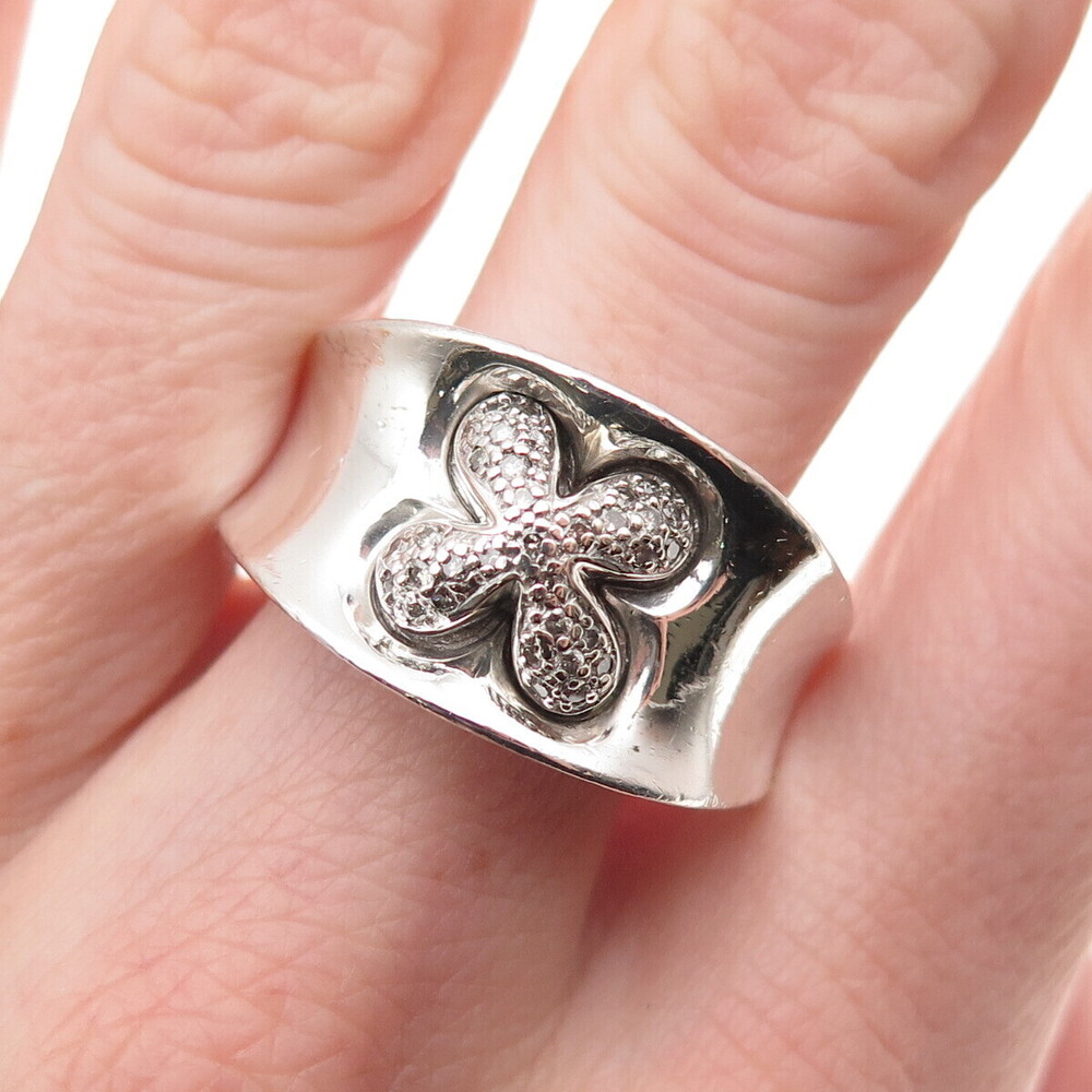 CNA Pranda 925 Sterling Silver Real Round-Cut Diamond Floral Ring Size 10